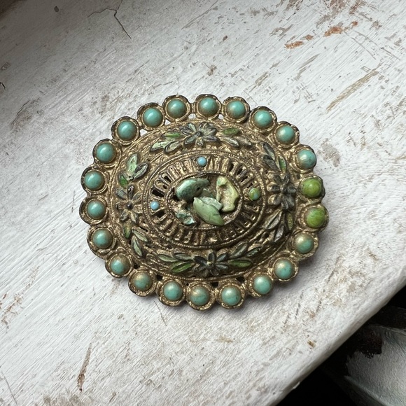 Vintage Turquoise Stone and Flower Florets Oval Brooch - Picture 4 of 5